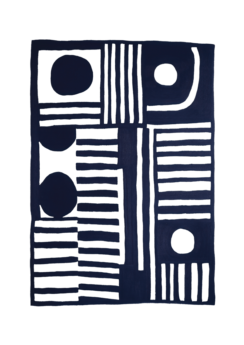 Affiche murale abstraite composée de lignes et de cercles bleu foncé avec une grosse bordure blanche.