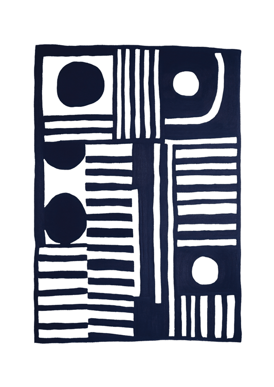 Affiche murale abstraite composée de lignes et de cercles bleu foncé avec une grosse bordure blanche.
