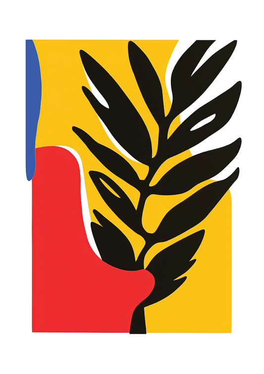 Affiche murale abstraite représentant une palme noire sur fond jaune, rouge et bleu, avec une bordure blanche.
