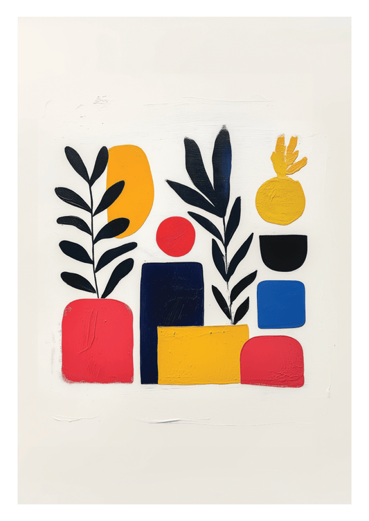 Affiche murale abstraite représente un des vases aux couleurs primaires, contenant deux palmes, sur fond blanc.