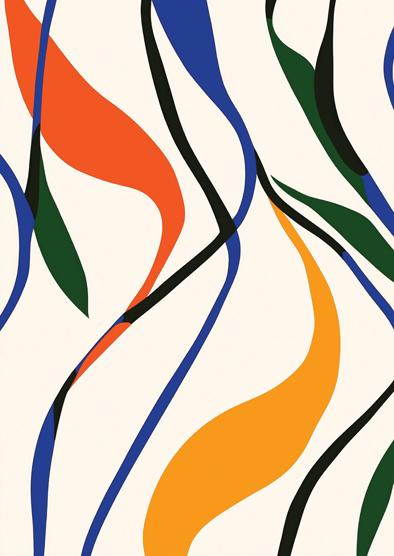 Affiche murale abstraite d'un ensemble de lignes organiques et ondulées aux couleurs orange, bleu, noir et jaune sur fond blanc.
