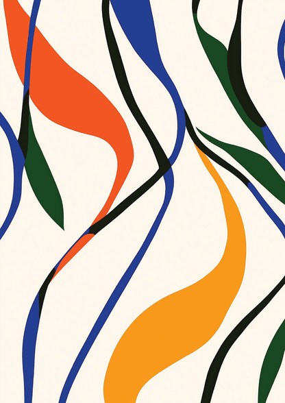 Affiche murale abstraite d'un ensemble de lignes organiques et ondulées aux couleurs orange, bleu, noir et jaune sur fond blanc.