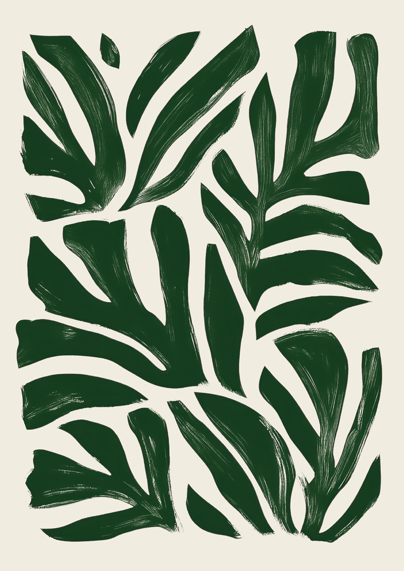 Affiche murale abstraite représentant des feuilles vertes tropicales sur fond blanc.