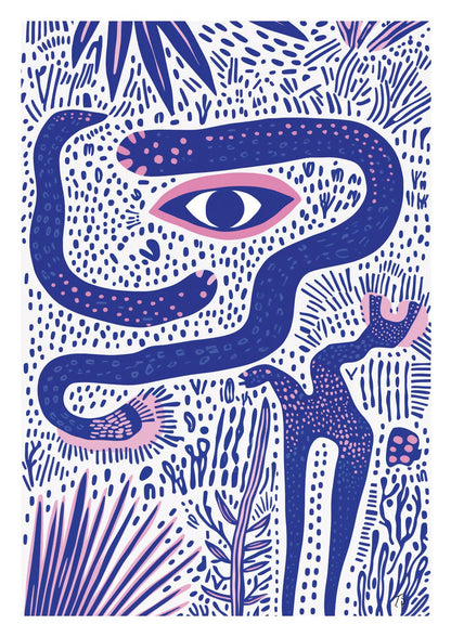Affiche murale abstraite d'un œil au cœur d'une jungle organique aux tons bleus.