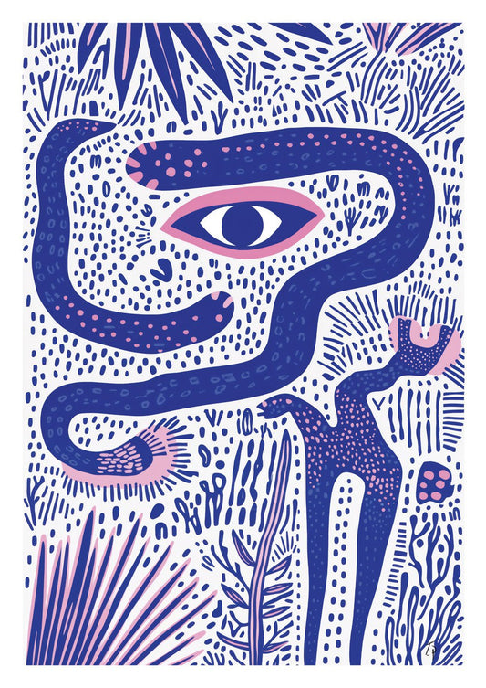 Affiche murale abstraite d'un œil au cœur d'une jungle organique aux tons bleus.