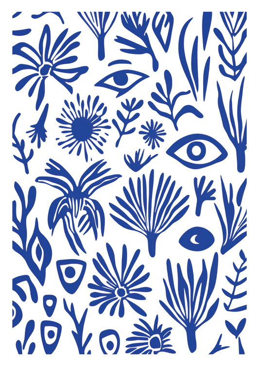 Affiche murale abstraite représentant des yeux stylisés et des éléments organiques bleus.