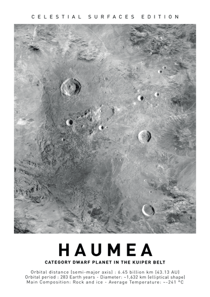 Affiche murale espace de la réelle surface d'Hauméa, une planète naine, avec un texte en dessous. 