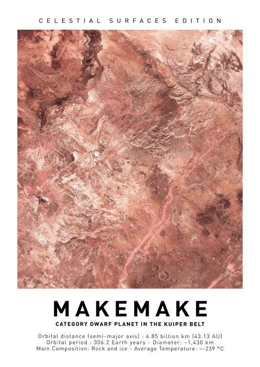 Affiche murale espace de la surface réelle de la planète naine Makemake avec un texte en dessous.