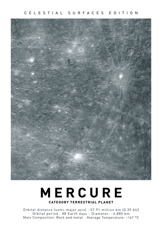 Affiche murale espace de la surface réelle de Mercure en gros plan, avec un texte en dessous.