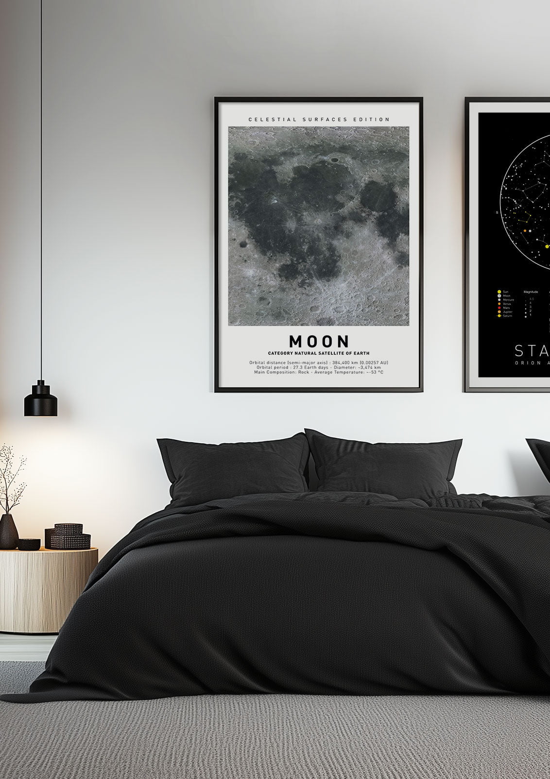 Affiche murale espace de la Lune mise en situation dans une chambre à coté d'une autre affiche.