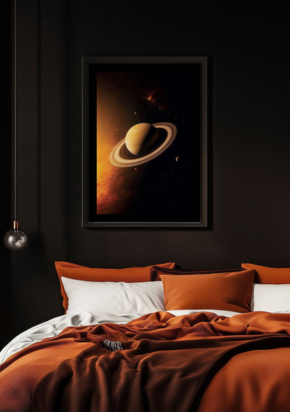 Affiche murale espace de la planète saturne encadrée sur le mur noir d'une chambre.