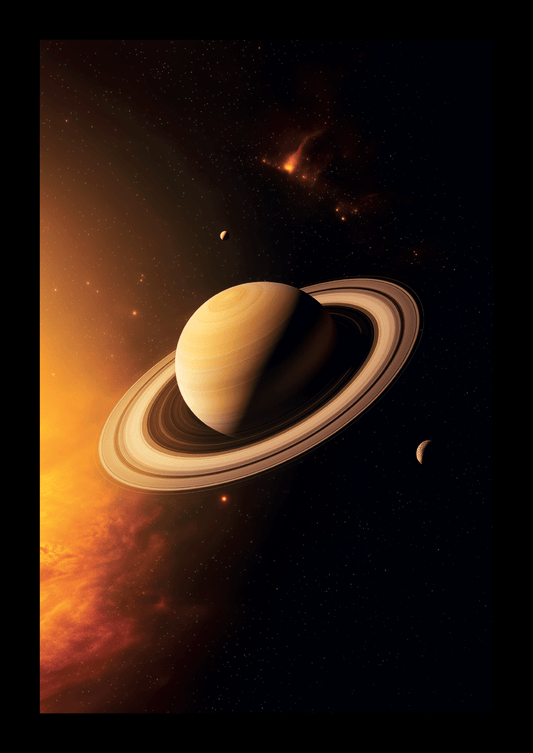Affiche murale espace de la planète saturne, sur fond noir.