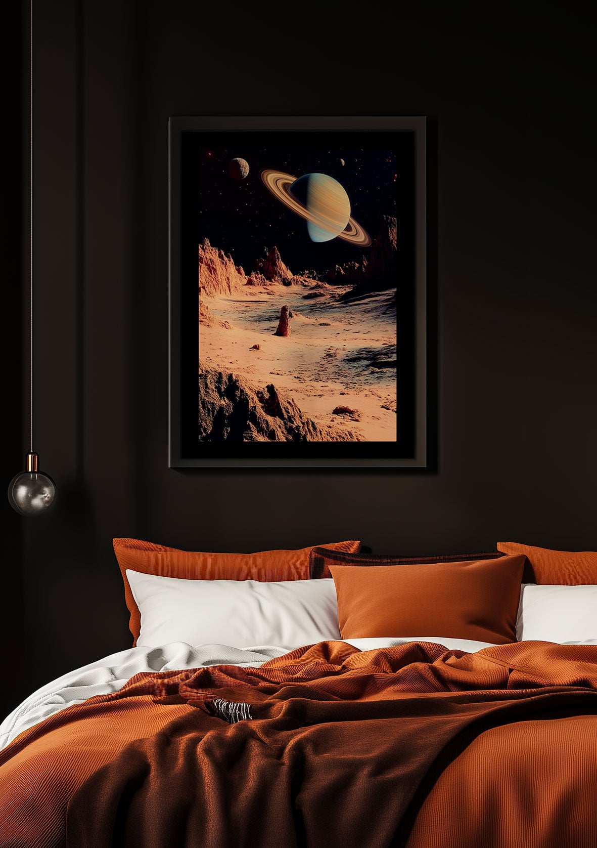 Affiche murale espace de Saturne mise en situation sur le mur d'une chambre.