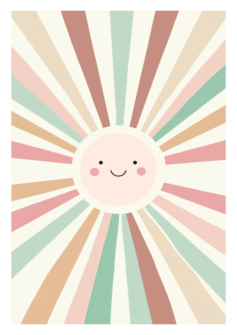 Affiche pour chambre bébé d'un soleil souriant aux couleurs pastels beige.