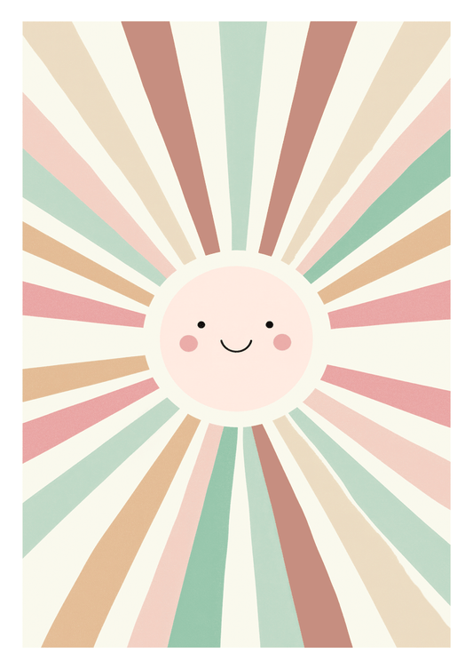 Affiche pour chambre bébé d'un soleil souriant aux couleurs pastels beige.