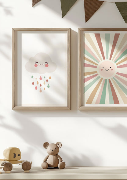 Affiche chambre enfant d'un nuage aux tons beige encadrée à coté d'une autre affiche.
