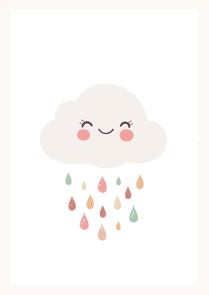 Affiche pour chambre bébé d'un nuage souriant avec des gouttes de pluie aux tons pastel beige.