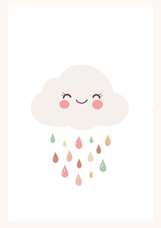 Affiche pour chambre bébé d'un nuage souriant avec des gouttes de pluie aux tons pastel beige.