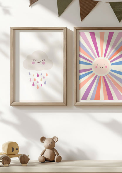Affiche pour chambre bébé d'un nuage aux tons rose encadrée à coté d'une autre affiche.