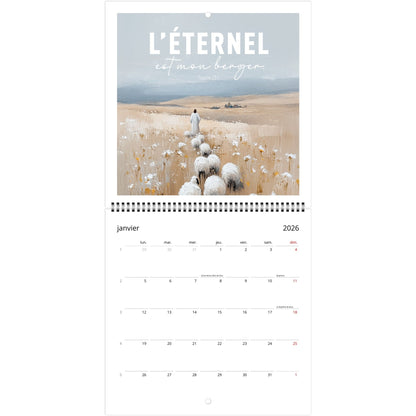 Calendrier ouvert sur un visuel de jésus et son troupeau "l'éternel est mon berger"