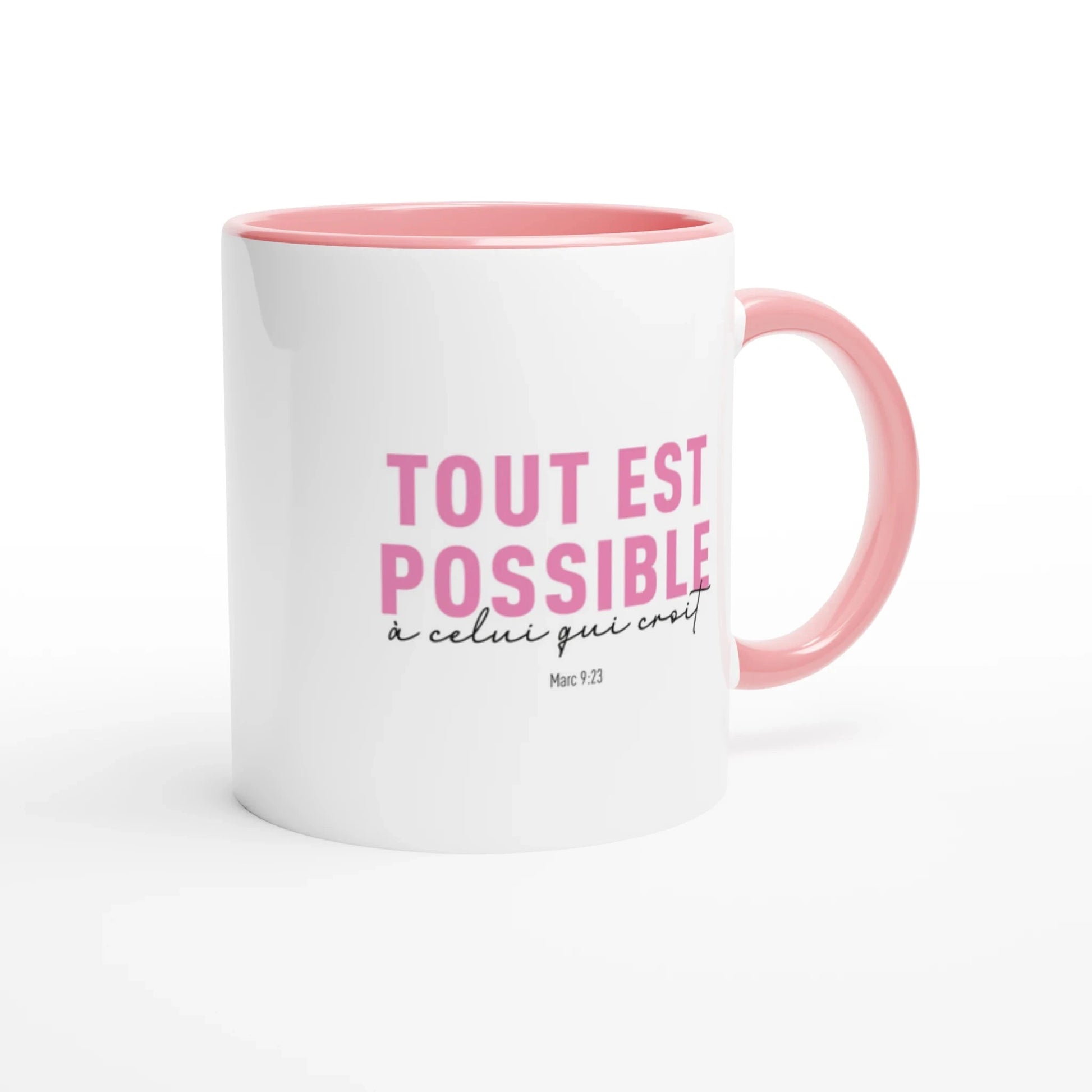 Tasse blanche inspirée de la bible avec la anse, l'intérieur et le texte en rose