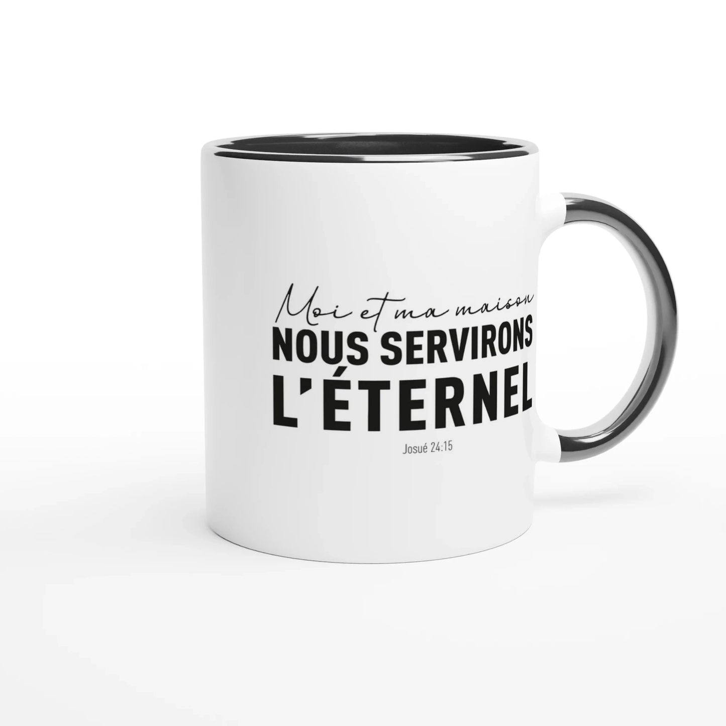 Mug chrétien avec texte tiré d'un verset de la bible Josué 24:15 en noir, avec céramique blanche et noire