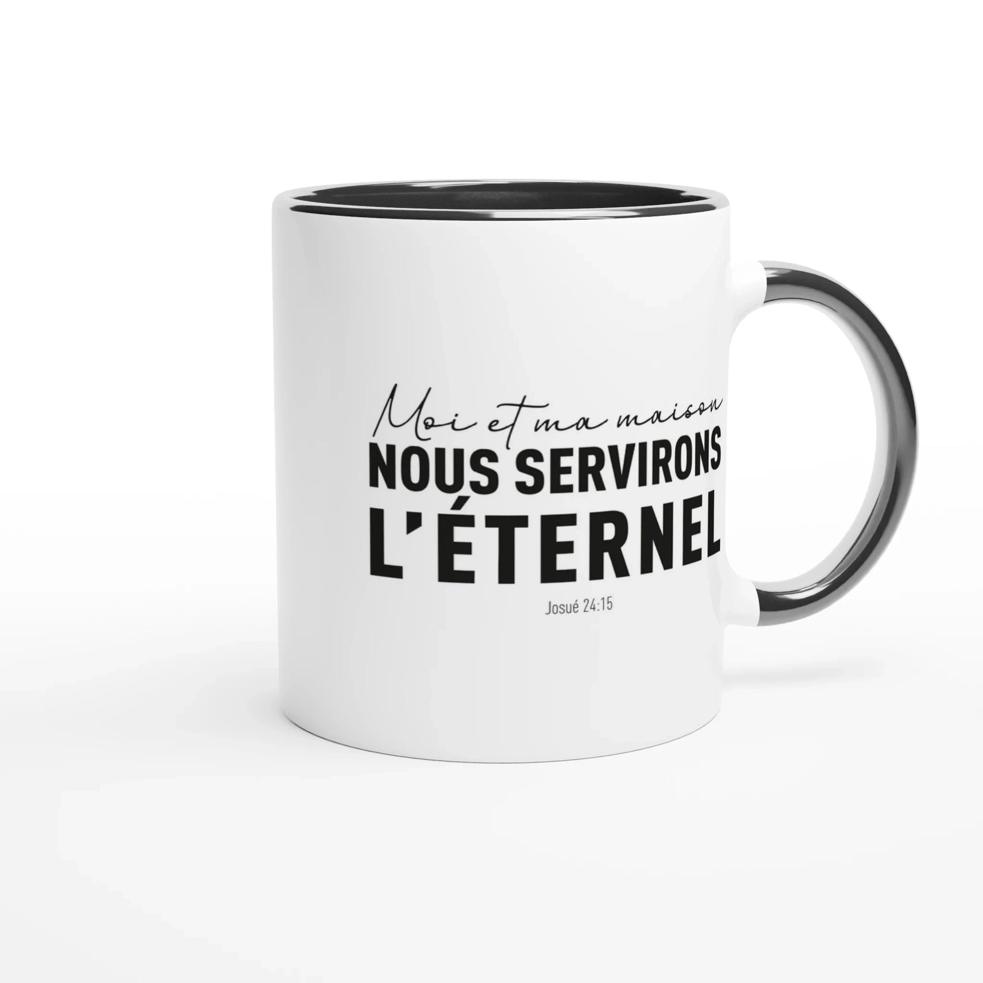 Mug chrétien avec texte tiré d'un verset de la bible Josué 24:15 en noir, avec céramique blanche et noire