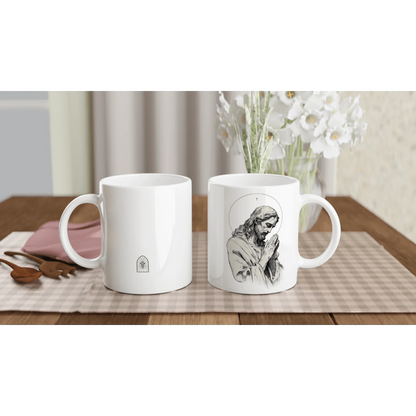 Deux mug en céramique blanche avec le dessin de jésus, l'un vu de face, l'autre de dos