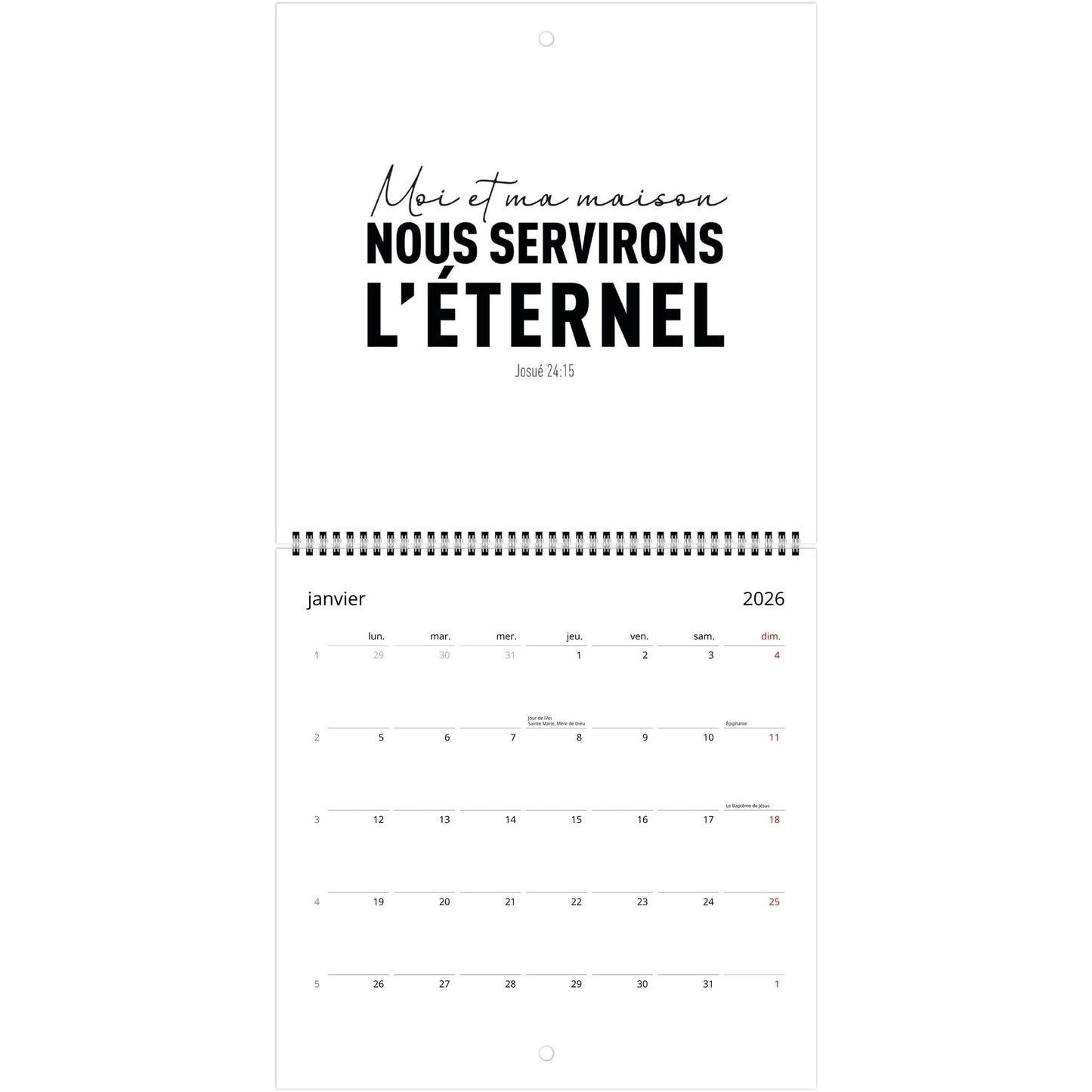 Calendrier 2026 en version catholique, ouvert au mois de janvier, montrant les annotations
