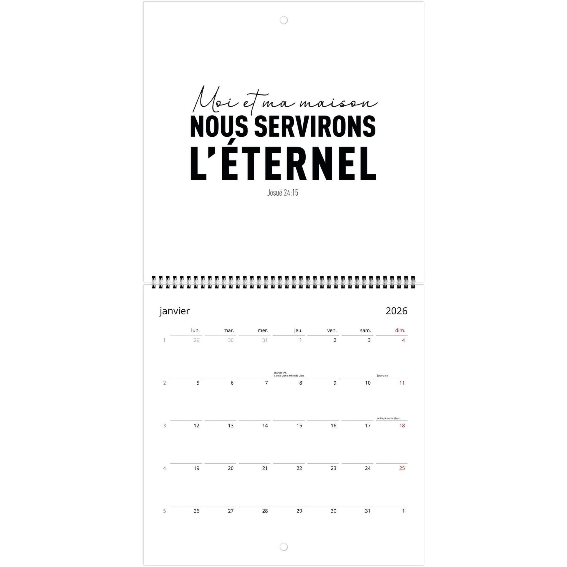 Calendrier 2026 en version catholique, ouvert au mois de janvier, montrant les annotations
