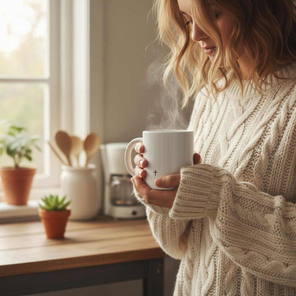 Une femme tenant un mug design blanc avec une petit croix noir en bas.