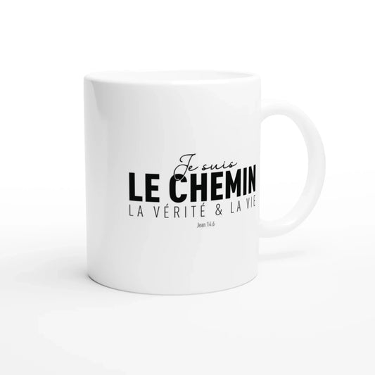 Mug en céramique blanche avec le verset de la bible jean 14:6 écrit en noir.
