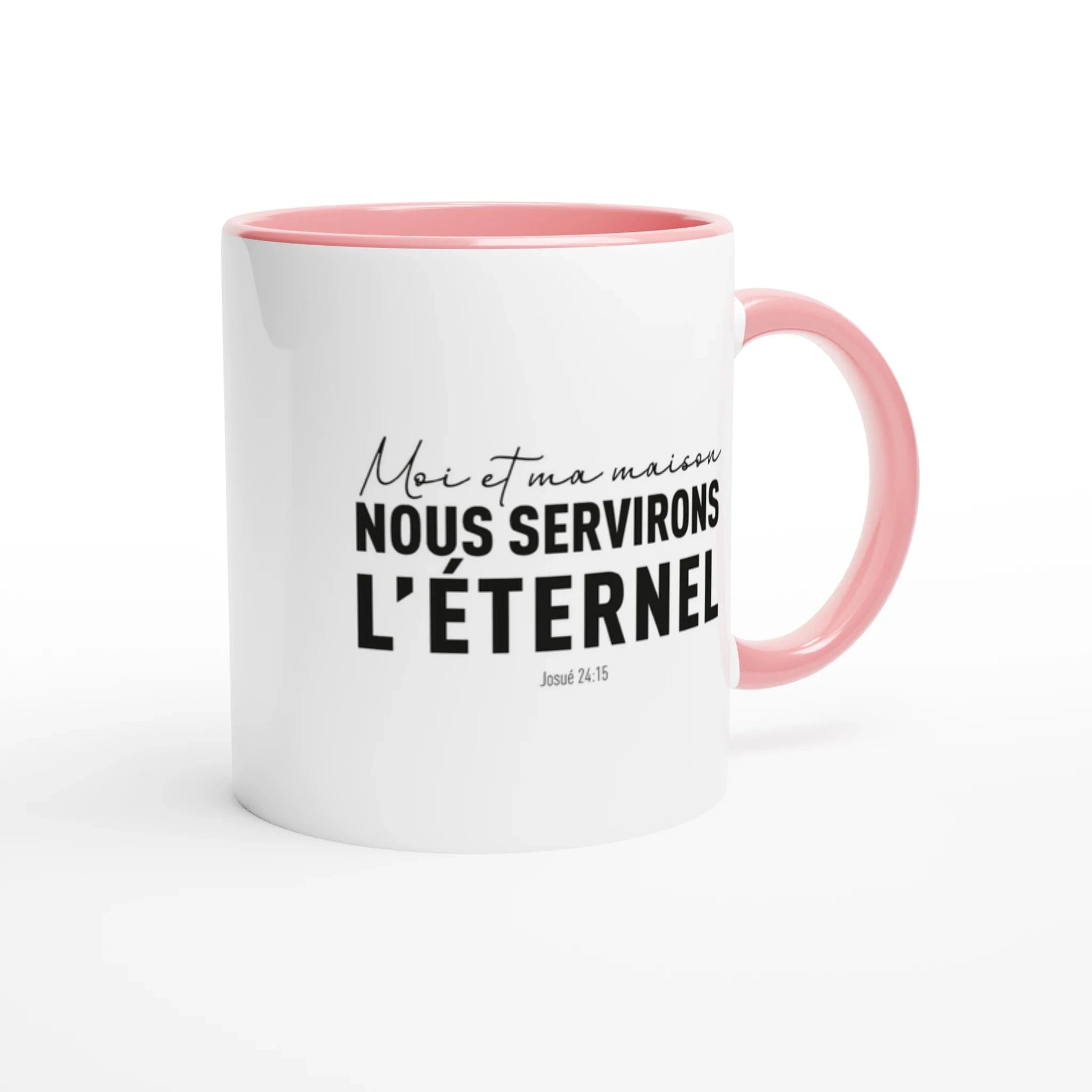 Mug en céramique blanche et rose, avec typographie noir d'un verset de la bible de Josué
