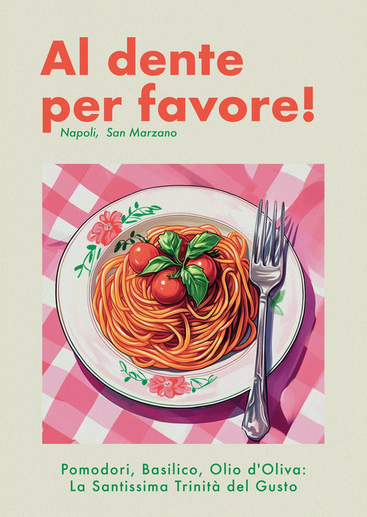 Affiche d'une assiette de pate à la sauce tomate avec texte en italien
