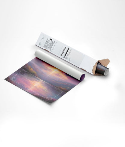 Poster chrétien de la peinture d'un ciel rose et de la mer avec le verset Actes 1:8, dans un carton triangle