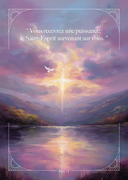 Affiche chrétienne illustrant le ciel et la mer, avec le verset biblique Actes 1:8, une colombe et une croix
