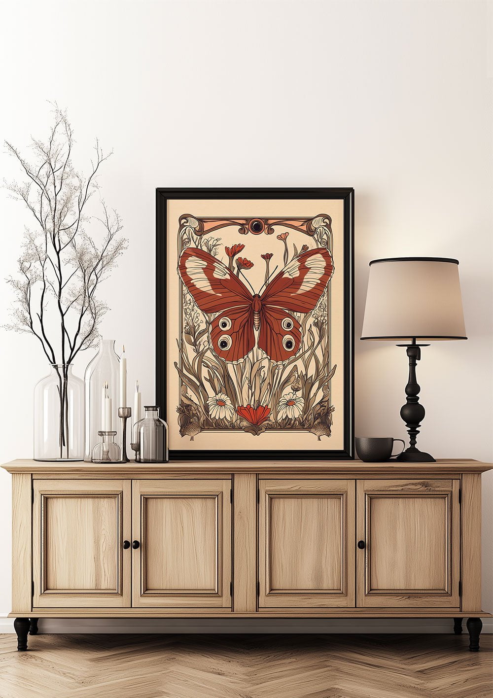 Affiche art déco 1930 du papillon, encadrée dans un salon cabinet de curiosités.