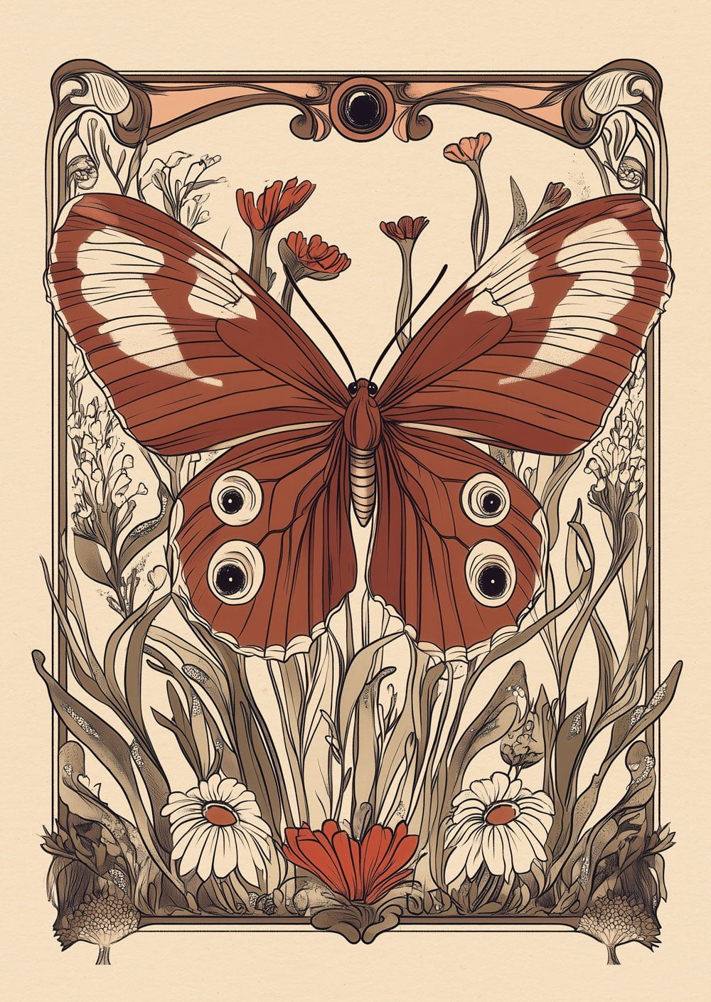 Affiche art déco 1930 qui représente un papillon dans un motif végétal structuré, vert et marron.