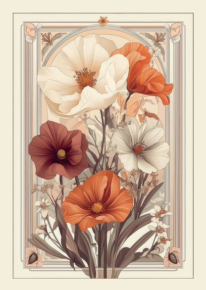 Affiche d'un bouquet floral art déco 1930 dans les tons creme, orange et rouge.