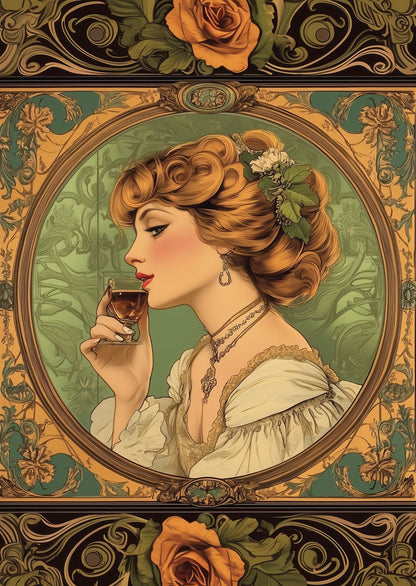 Affiche art déco 1930 d'une femme buvant un café dans une ornementation inspirée de Mucha