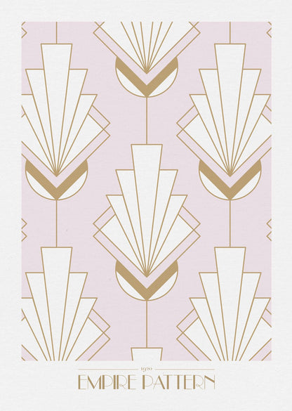 Affiche Art déco 1930 d'un motif géométrique or et blanc, sur fond rose cadré de blanc.