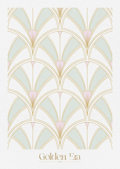 Affiche Art Déco 1930 d'un motif géométrique au coutour doré, vert et rose sur fond blanc.