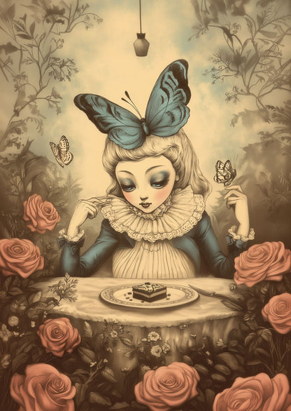 Affiche décoration cabinet de curiosités d'une illustration couleur vintage, d'une marquise devant un gateau