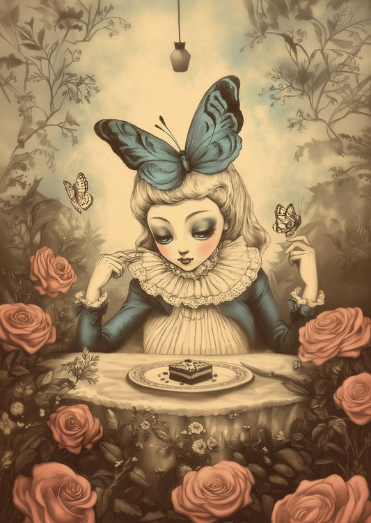 Affiche décoration cabinet de curiosités d'une illustration couleur vintage, d'une marquise devant un gateau