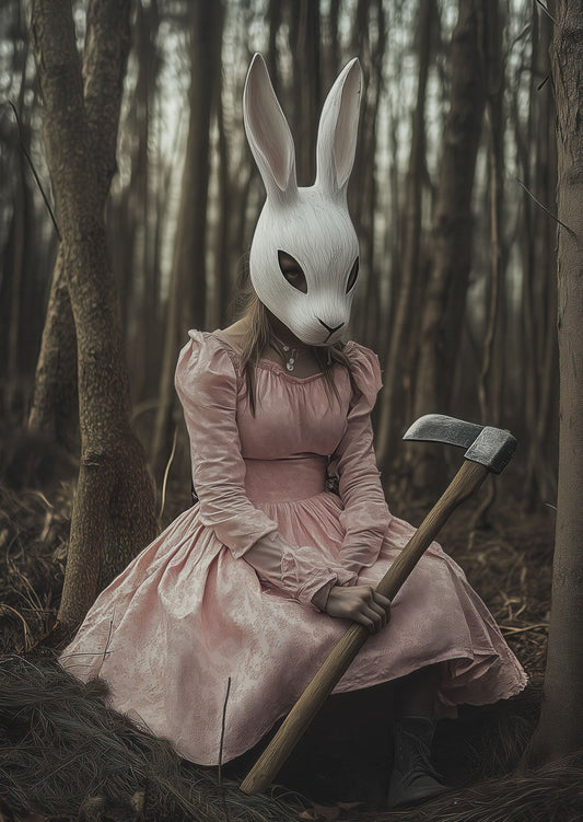 Affiche horreur pour cabinet de curiosités, d'une photo d'une femme en robe rose avec un masque de lapin et une hache. 