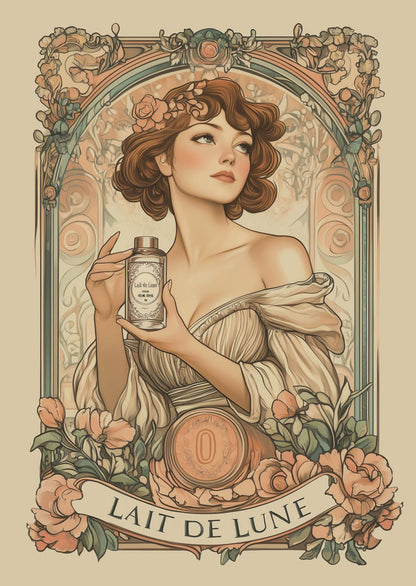 Affiche Art déco 1930 représentant une femme pour une publicité de crème, aux couleurs pastels.