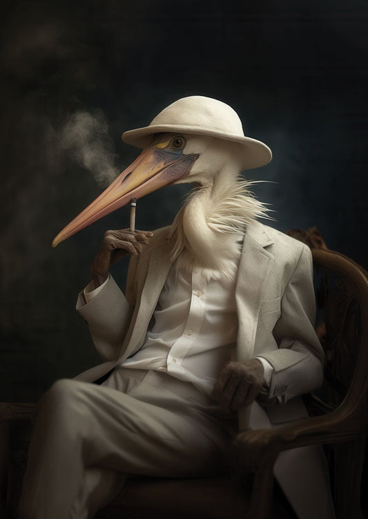 Affiche murale surréaliste, d'une photographie d'un héron humanoïde fumant une cigarette.