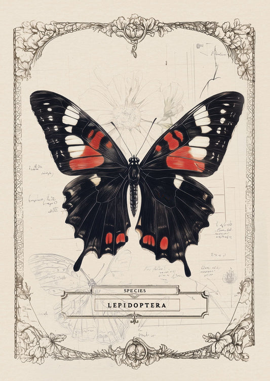 planche naturaliste pour décoration cabinet de curiosités, d'une illustration d'un papillon noir et rouge.