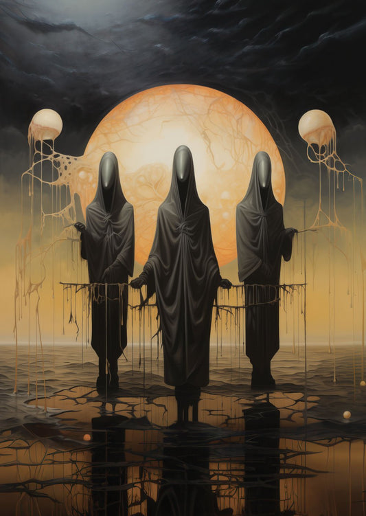 Affiche décoration cabinet de curiosités d'une peinture de 3 gardiens sans visages devant une lune jaune