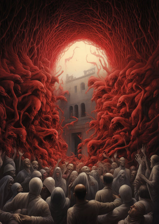 Affiche Cabinet de Curiosités d'une peinture d'une foule face à des créatures démoniaques rouges.